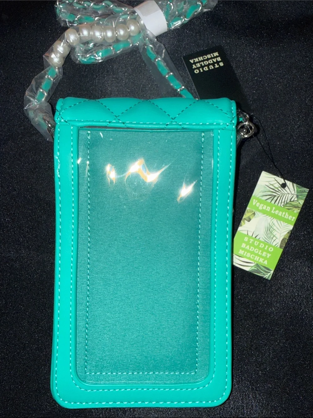 Badgley Mischka Teal Quilted Pearl-Stud Crossbody Phone Pouch
